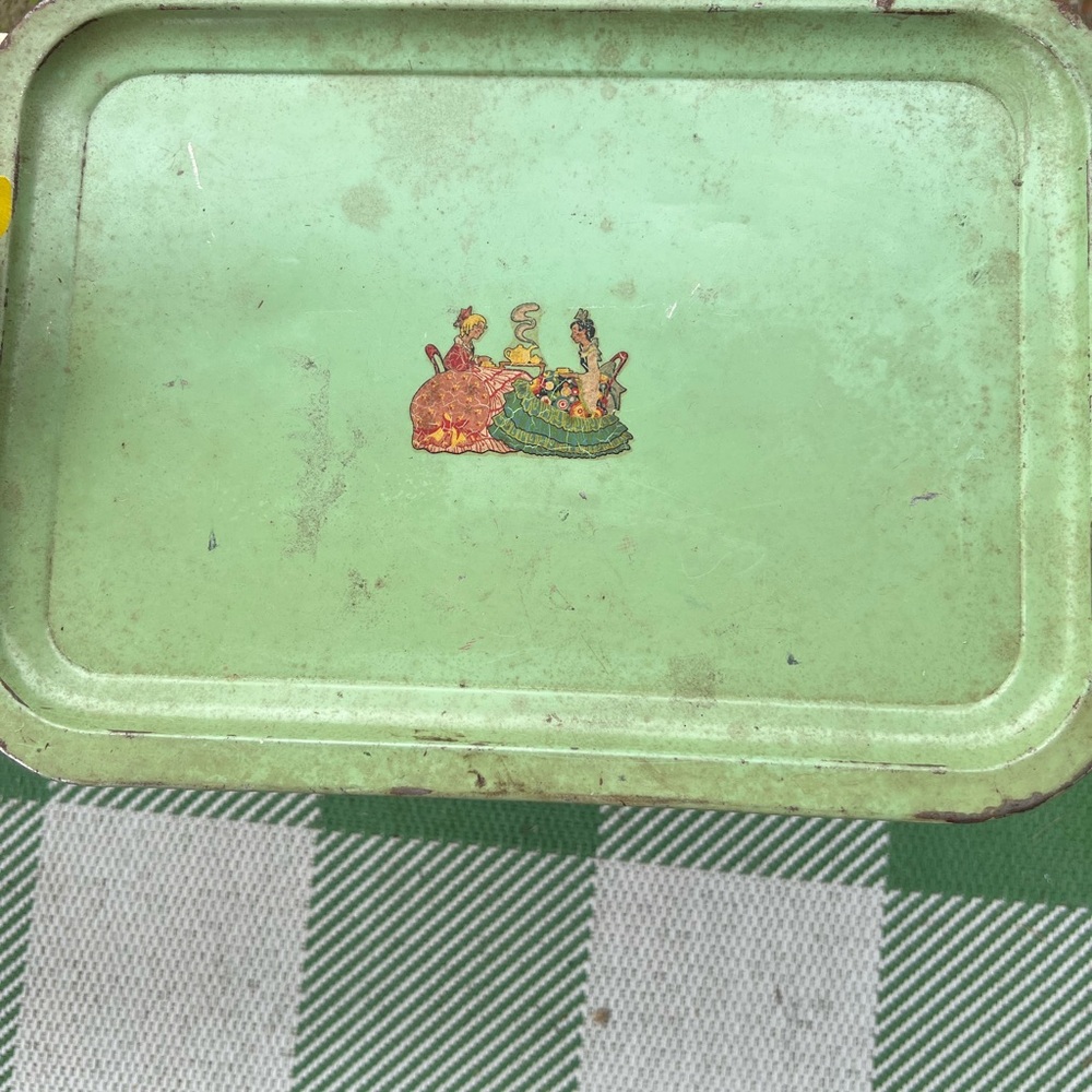 Vintage Green Metal Tray Slight dents, paint wear, very light rust